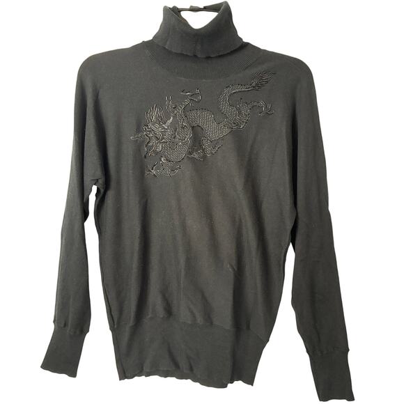 NWOT Lauren Ralph Lauren Silk Blend Dragon Turtleneck Sweater Women's PL Black - Picture 1 of 6